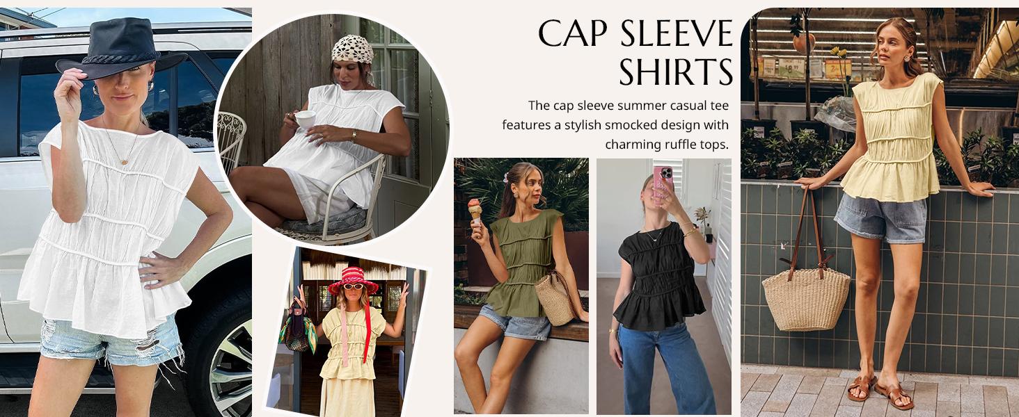 Cicy Bell Womens Cap Sleeve Peplum Tank Tops Summer Babydoll Smocked Cotton Shirts Casual Crew Neck Pleated Blouse