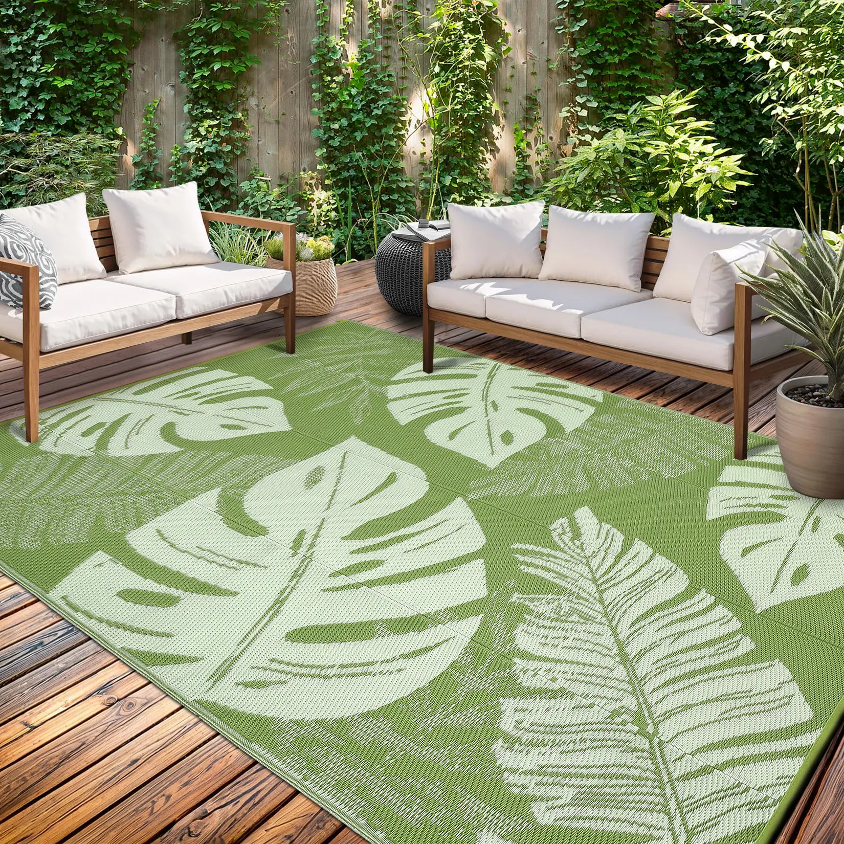 Leaf Print Outdoor Rug Double-Sided Reversible Plastic Straw Woven Rug Foldable Garden Decoration Rug Large Size Washable Outdoor Rug for Terrace Beach RV Picnic Balcony Patio