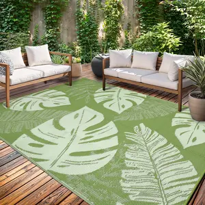 Leaf Print Outdoor Rug Double-Sided Reversible Plastic Straw Woven Rug Foldable Garden Decoration Rug Large Size Washable Outdoor Rug for Terrace Beach RV Picnic Balcony Patio