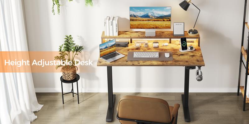 Agilestic 47.2 inch Electric Standing Desk with Power Outlet and LED Light Strip, Height Adjustable Sit-Stand Desk with Storage Shelf & Hooks, Home Office Computer Desk with Memory Buttons