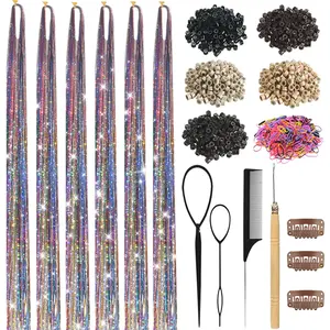Hair Tinsel Kit 7600 Strands Fairy Extensions Holographic Heat Resistant Glitter with Tools Beads Micro Silicone Rings for Girls Parties Festivals