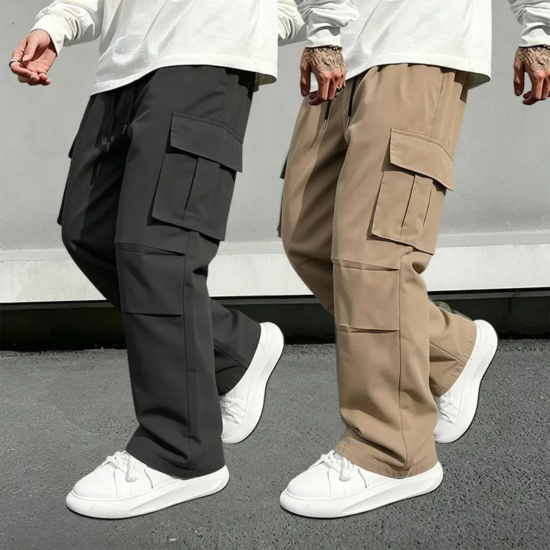 Men’s 2-Pack Spring/Summer Lightweight Polyester Loose Cargo Pants - Baggy, Non-Transparent, Elastic Waist Drawstring, Side Pockets, Stripe Design, Street Casual Long Pants for Outdoor Activities, Baggy Pants, Non-Transparent Men's Pants