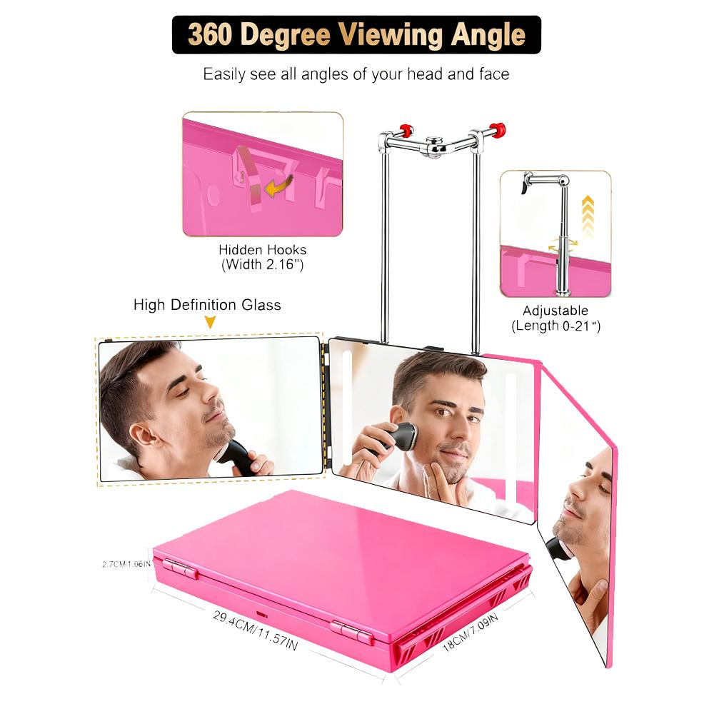 USB Rechargeable LED Makeup Mirror 3 Way 360 Trifold LED Mirror For Hair Cutting Wall-Mounted With Adjustable Lights Ideal Gifts For Men Women