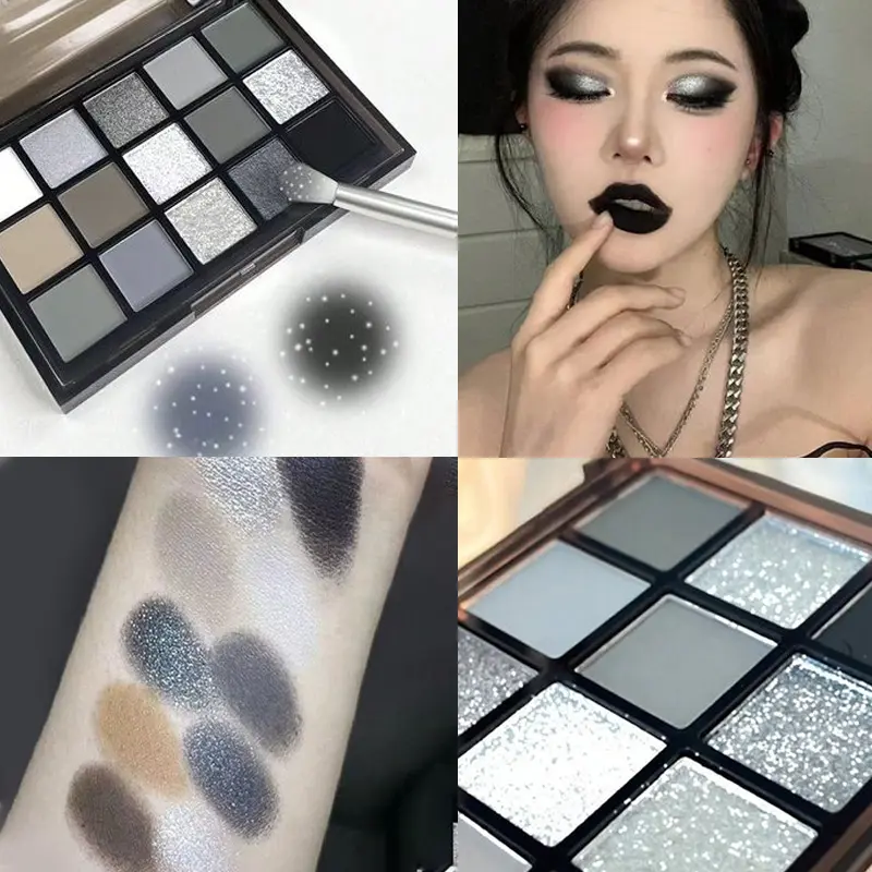 Fifteen-color dark eyeshadow palette, punk eye makeup, fine shimmer, high gloss, matte contouring, one box for multiple uses, black shiny eyeshadow, waterproof and sweat-proof, long-lasting coloring, no makeup removal, music festival, Halloween