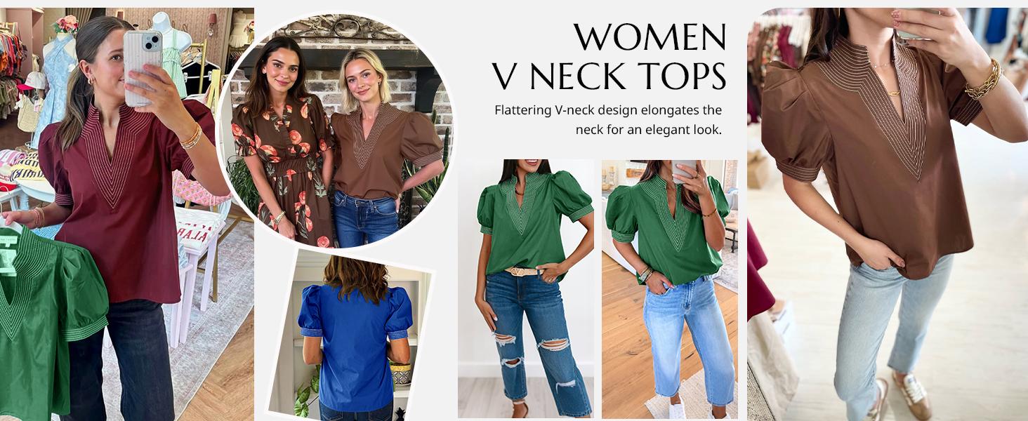 Cicy Bell Womens Puff Short Sleeve Blouses Summer Casual Dressy Contrast Stitch V Neck Tops Loose Fit Tee Shirts