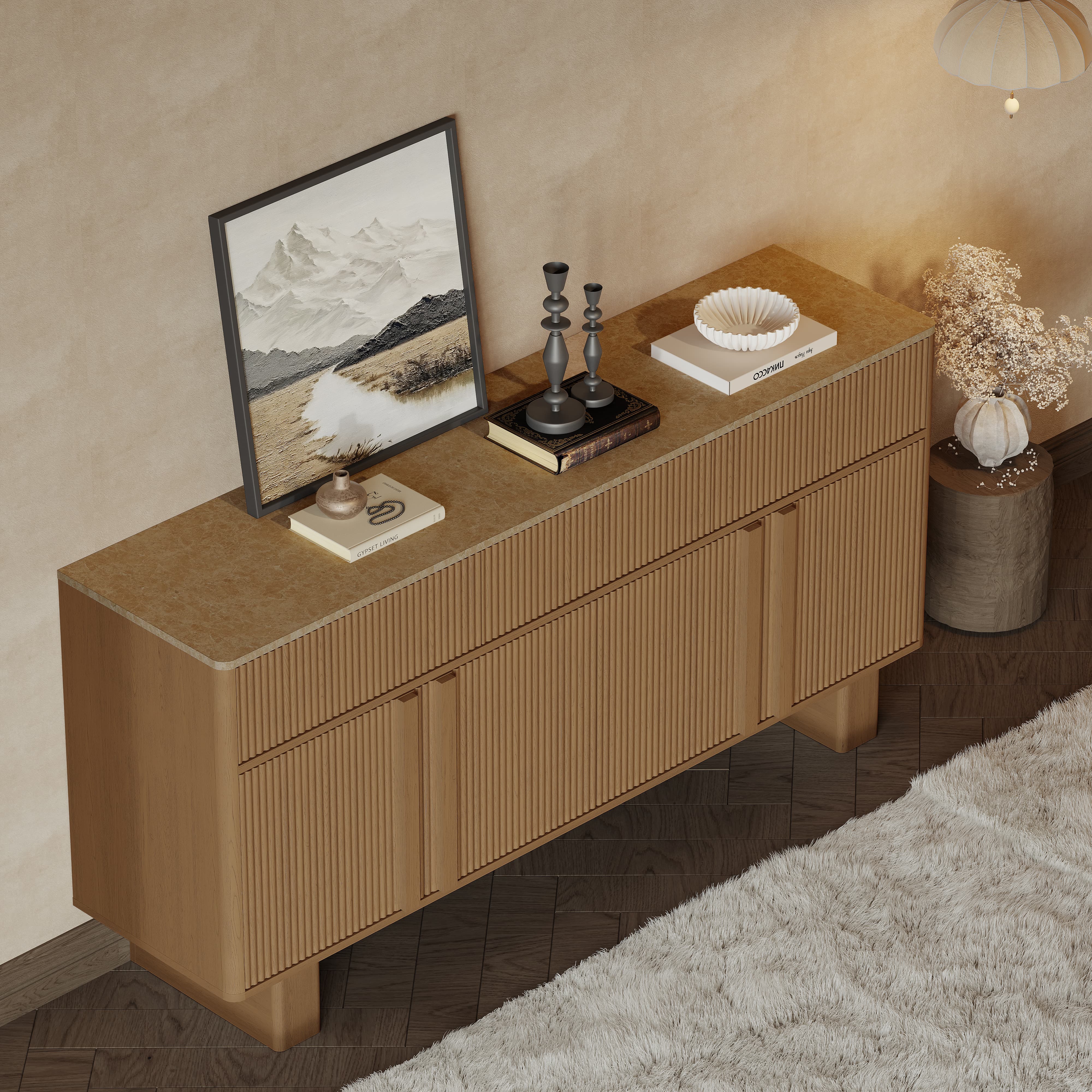 Modern Buffet Cabinet with Storage, 63" Wide Sideboard Cabinet with 3 Drawers and 4 Doors, Reinforced Wide Legs for Kitchen & Living Room, Natural Oak