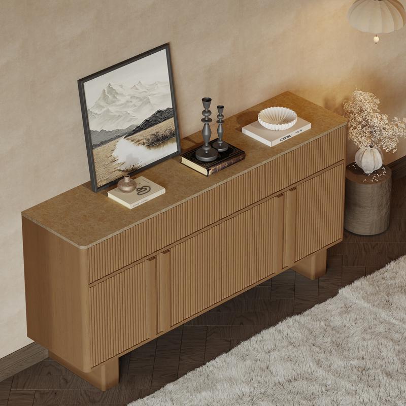 Modern Buffet Cabinet with Storage, 63" Wide Sideboard Cabinet with 3 Drawers and 4 Doors, Reinforced Wide Legs for Kitchen & Living Room, Natural Oak