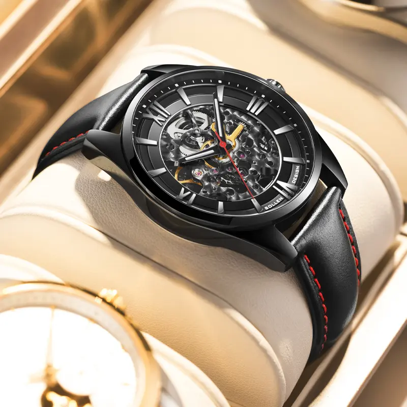 Men’s automatic mechanical watch with openwork design, waterproof, leather strap—stylish “Black Warrior” men’s wristwatch, suitable for gifting on birthdays, Valentine’s Day, wedding anniversaries, Father’s Day, 615