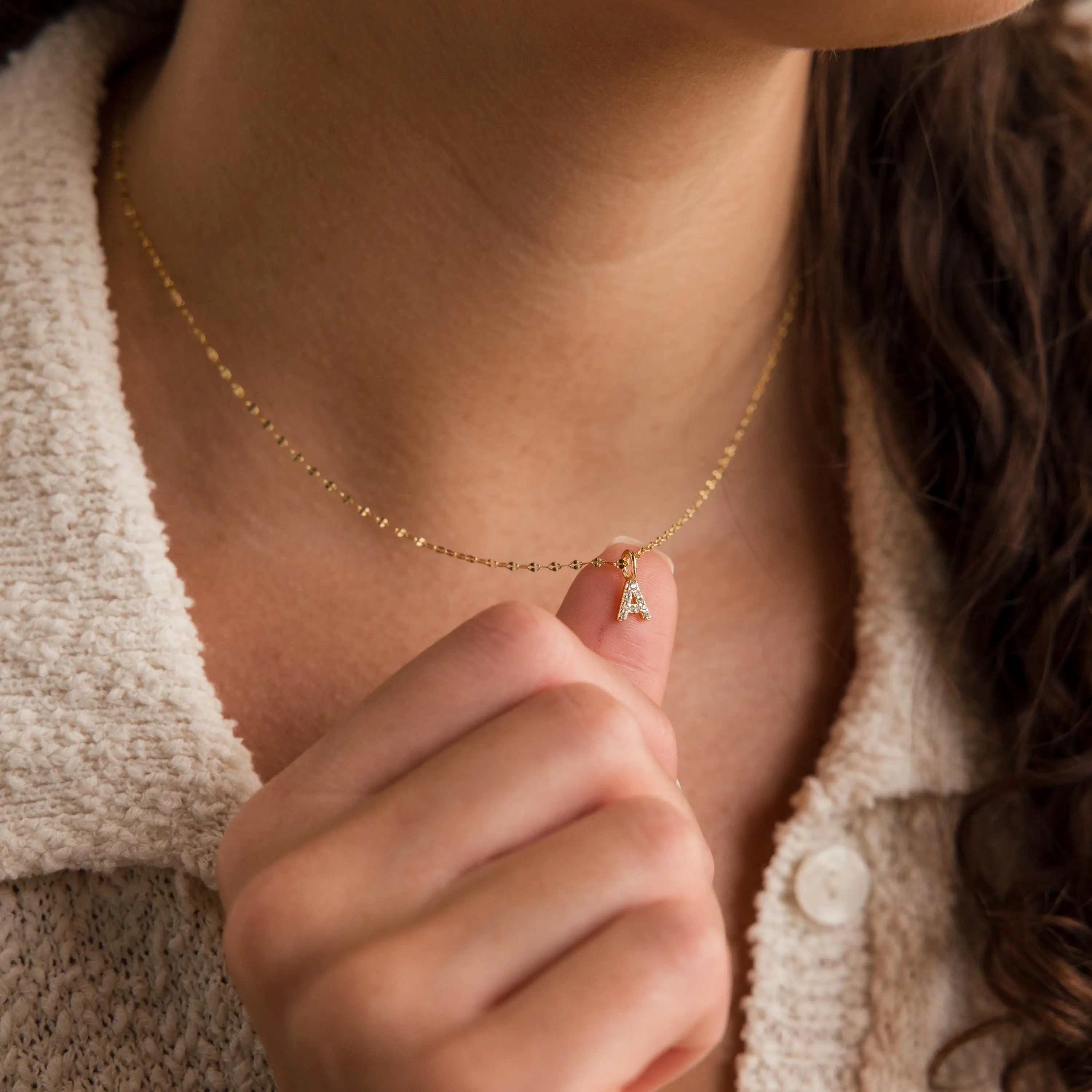 Dainty Pave Letter Necklace by Caitlyn Minimalist - 18K Gold Plated Initial Necklace - Custom Diamond Letter Pendant Necklace with Mirror Chain - Everyday Layering Necklace - Personalized Jewelry - Gift for Her