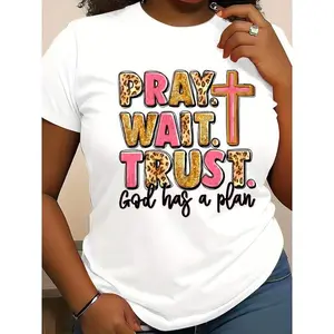 Women's "Pray. Wait. Trust. God Has a Plan" Inspirational TShirt Casual Crew Neck, Short Sleeve, Regular Fit, All-Season Wearvintage graphic tees vintage graphic tees top set Cotton Fabric women shirts womens fashion tiktok shop finds,funny t-shirt,tee