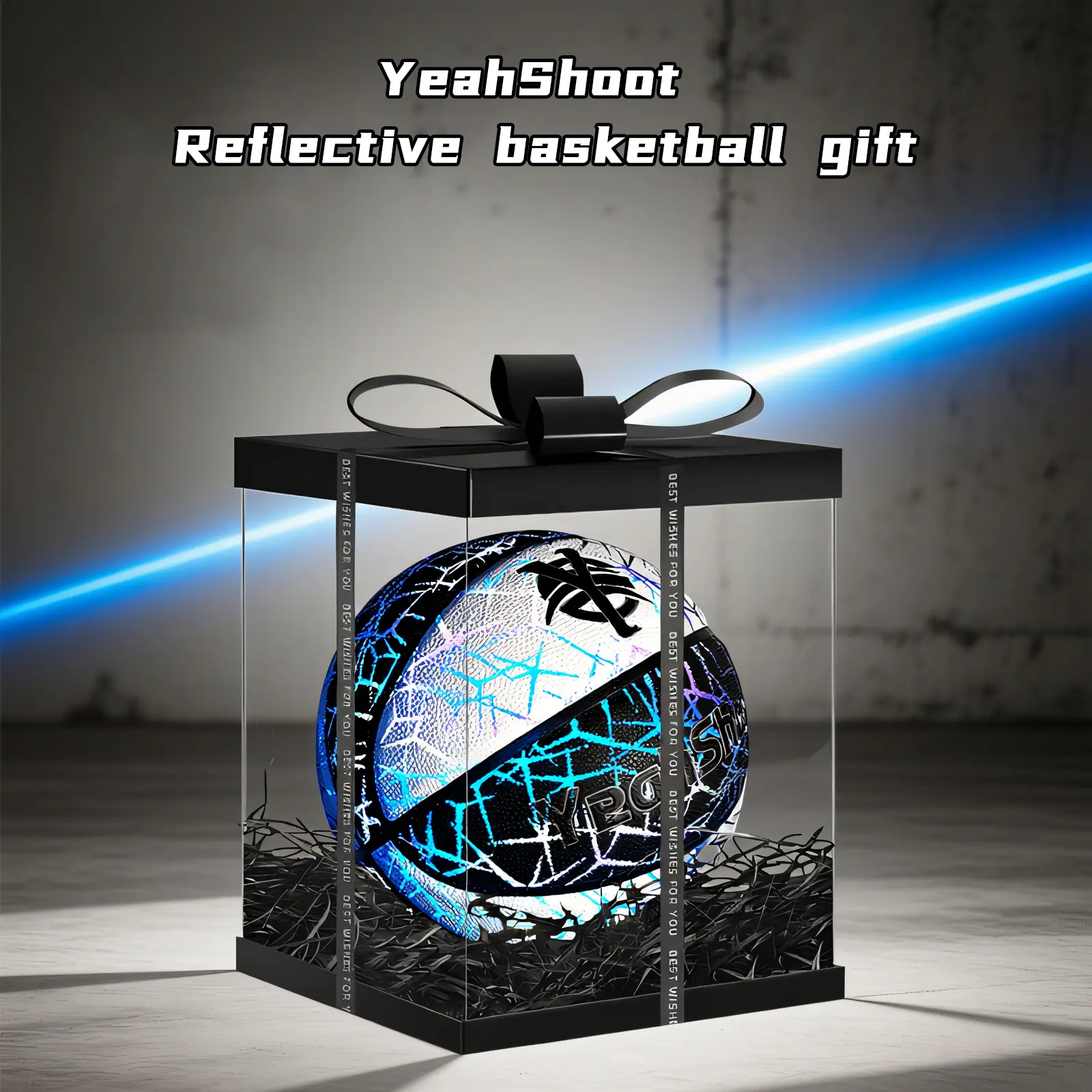 YeahShoot Holographic Reflective Cool Basketball Professional No.7 Glow in the Dark Luminous Ball, Scratch Proof, Wear Resistant, Excellent Grip, All Court Suitable, Night Game Reflective Brightness, Full Air Pump, Perfect Gift Luxury Gift Box