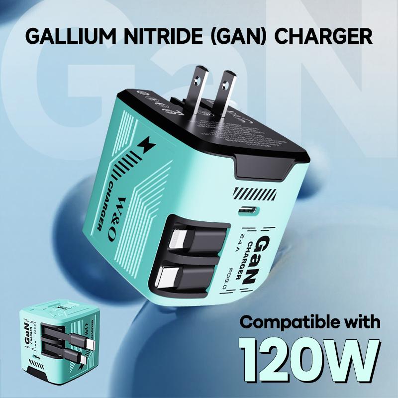 Upgraded 3-in-1 GaN Charger Compatible with 120W Fast Charging | 1.2m Retractable Lightning & Type-C Cables + Extra Type-C Port | Foldable Plug | Universal Multi-Device Travel Adapter for iPhone, Samsung, iPad