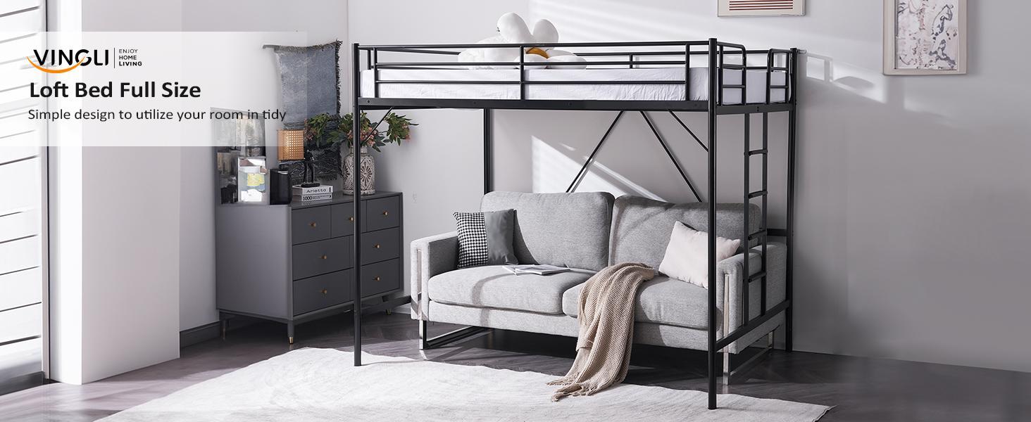 VINGLI Loft Bed Full Size with Flat Rungs for Adults, Kids and Young Teens, No Box Spring Required,Heavy Duty Metal Slat Support