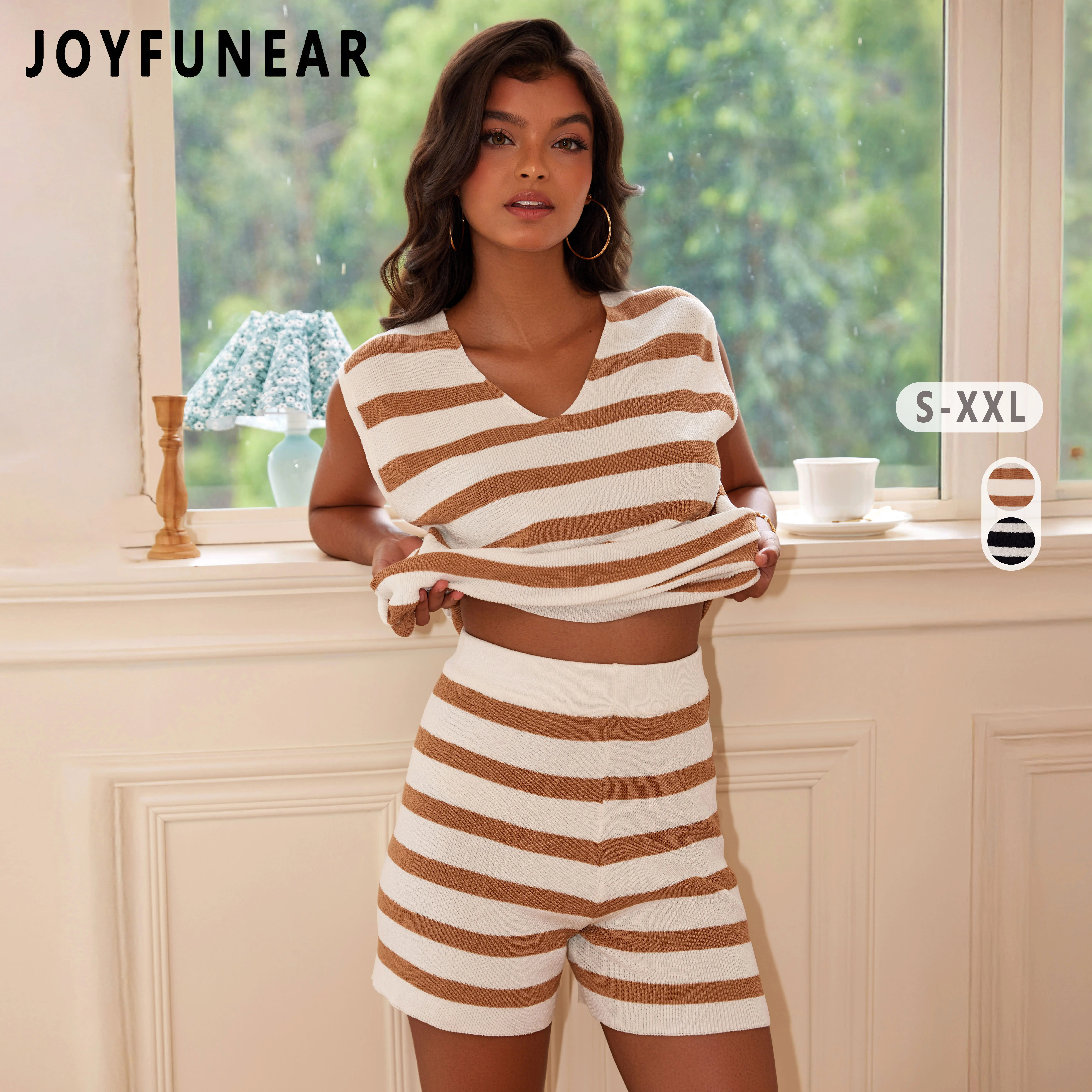 Joyfunear Women's Striped Knit Co - ord Set: V - Neck, Sleeveless Top & Shorts