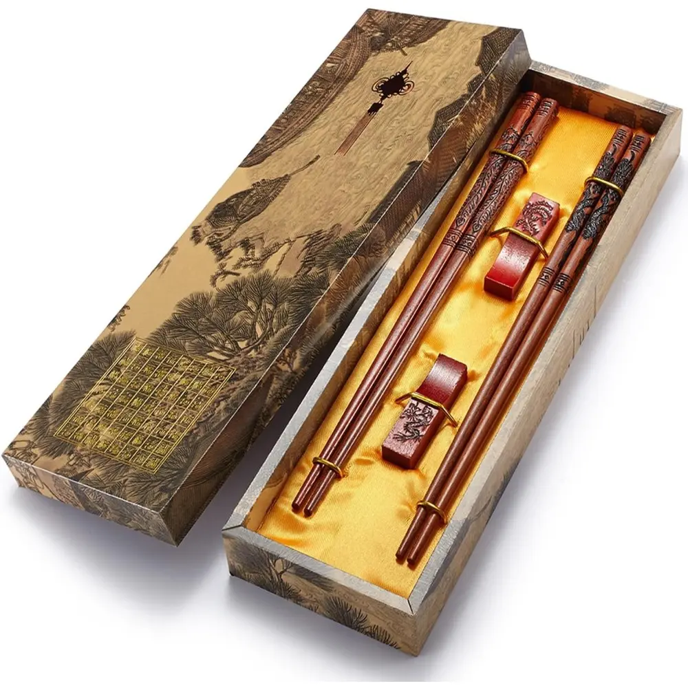 Natural Wood Handmade Dragon-Themed Reusable Chopsticks Cutlery Set (2 Pairs) with Holder, Carrying Bag, Chinese Traditional Exquisite Design - Adult Business Work Use, Salad, Creative Box Packaging, Home Gift for Friends/Family, Tableware