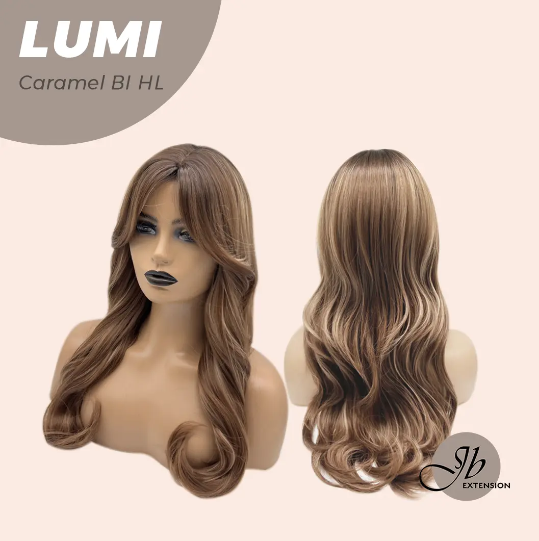 JBEXTENSION 23 Inches Curly Caramel Blonde Highlight Wig with Bangs LUMI