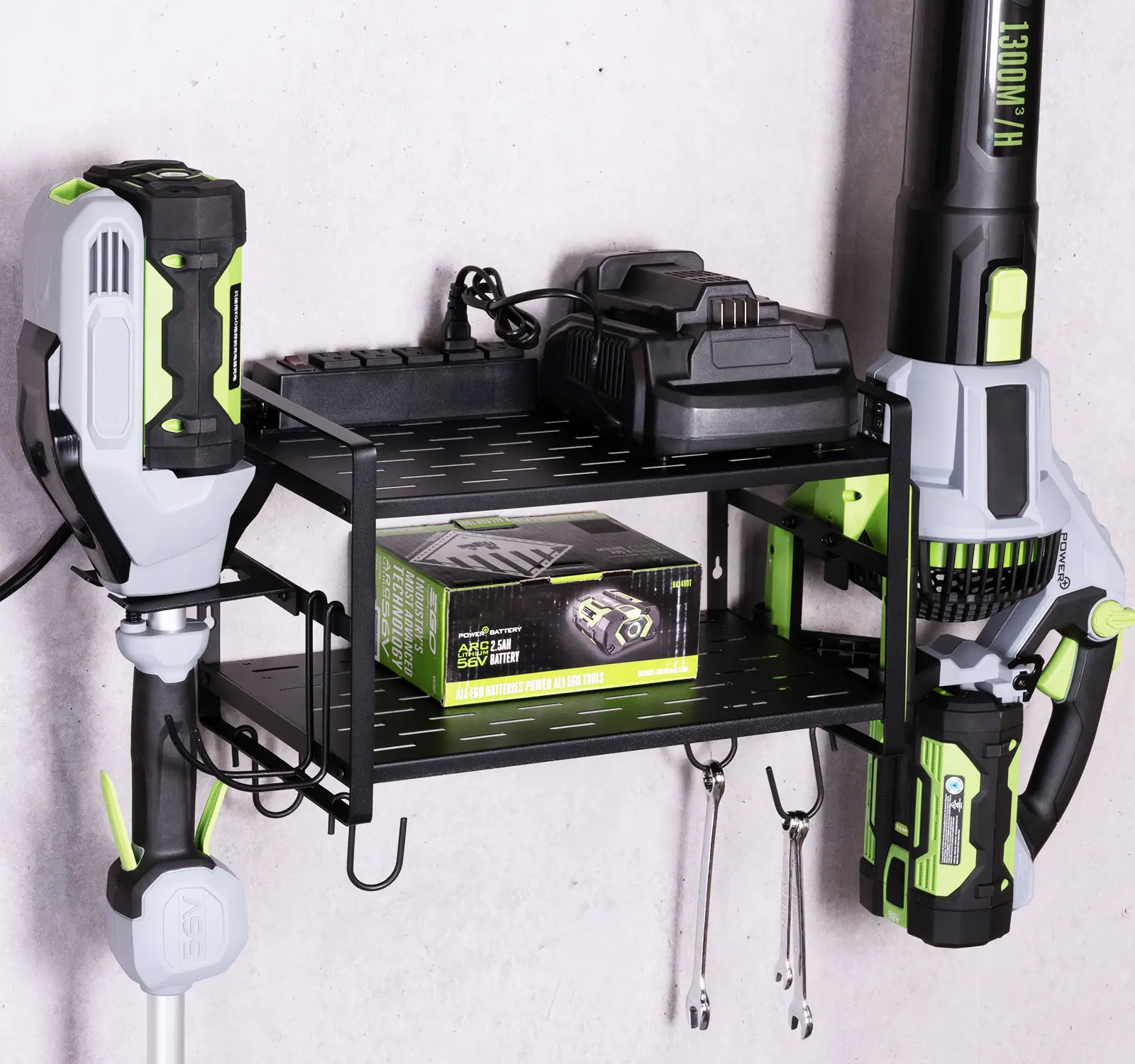 KAFAHOM Leaf Blower and Weed Eater Rack with Charging Station, Lawn Power Tool Organizer Wall Mount, Lawn Tool Storage Rack for Leaf Blower, Weed Eater, BatteryCharger