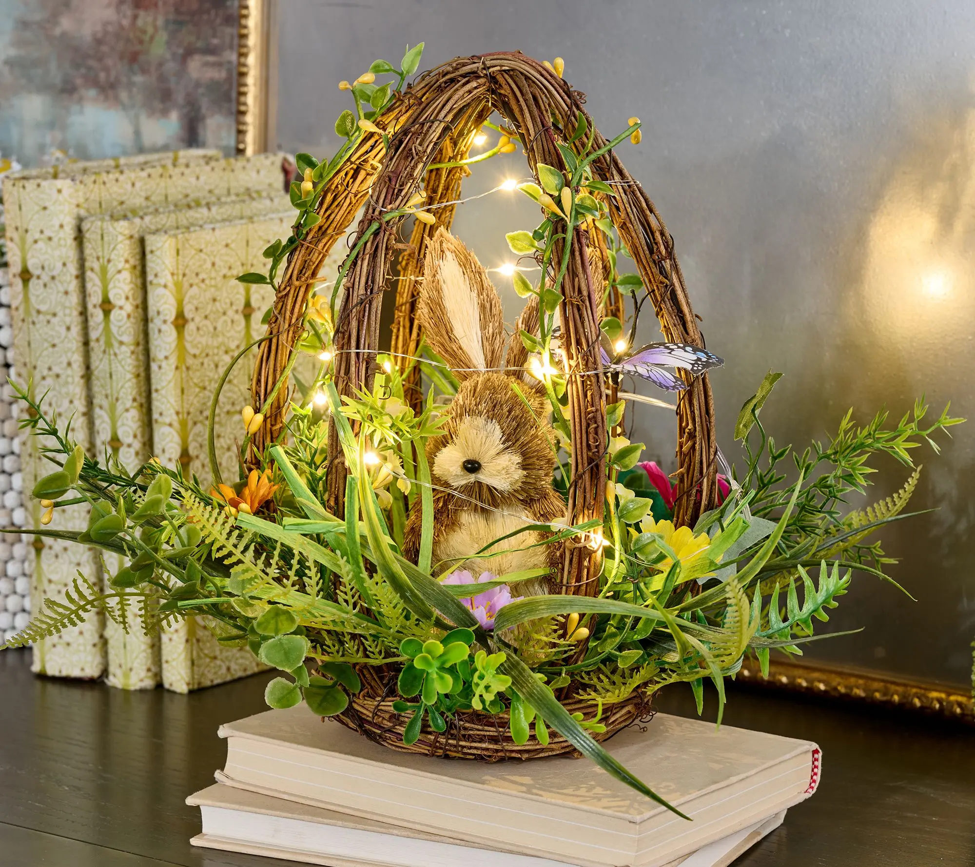 12" Illuminated Egg Centerpiece with Bunny & Flowers by Valerie 12" Illuminated Egg Centerpiece with Bunny & Flowers by Valerie