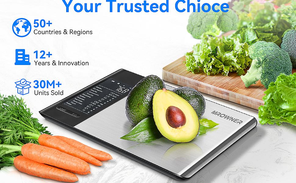 MrOwner Smart Food Kitchen Nutrition Scale with Nutritional Calculator, Free App with 19 Nutrients Tracking, Calorie, Marco, Digital Weight Grams and Ounces, Premium Stainless Steel, 22lb
