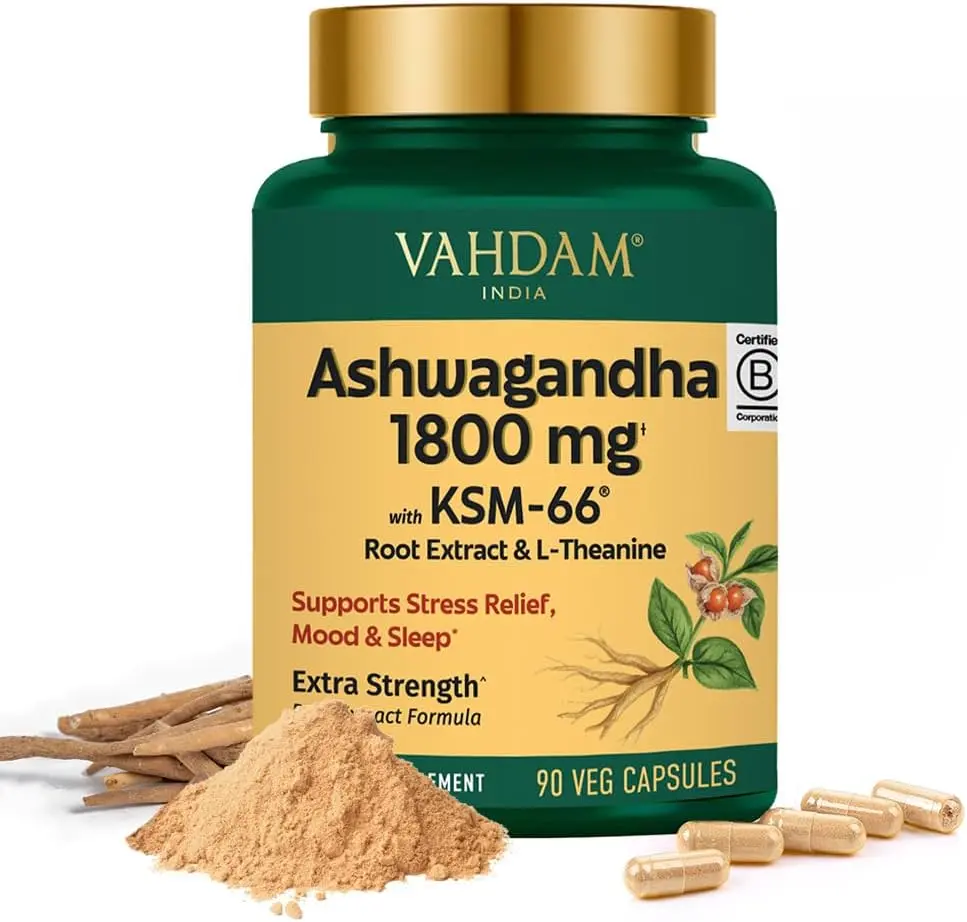 VAHDAM Natural Ashwagandha Ayurvedic Vegetarian Herbal Capsules - 1800mg Root Extract with L-Theanine, 90 Non-Powder Ayurvedic Supplement, Herbs & Botanical for Adults’ Daily Stress-Support Routine, Sleep Aid