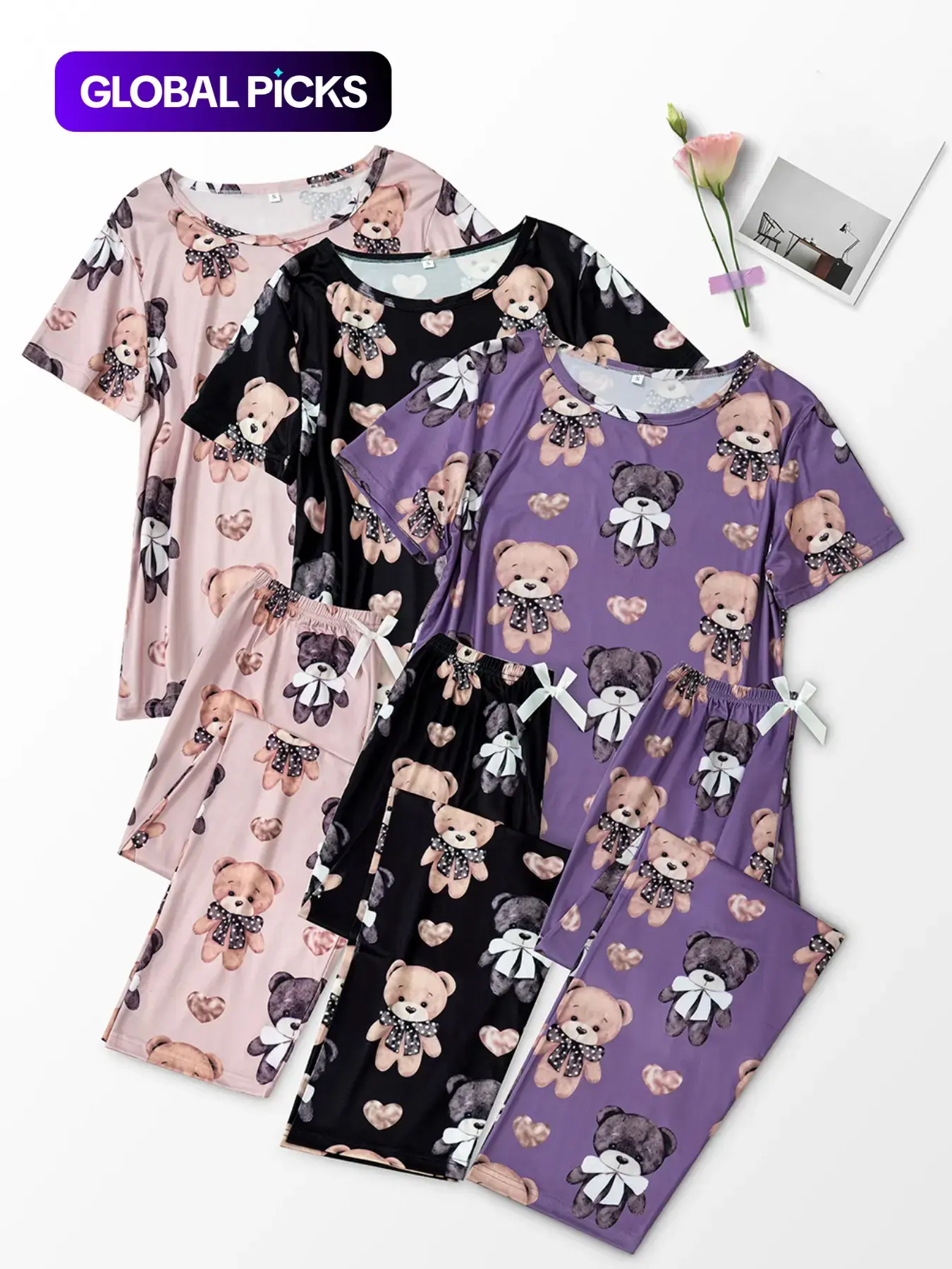 Women's Cartoon Bear Print Short Sleeve Tee & Elastic Waist Pants Pajama Set, Casual Comfy Round Neck T-Shirt & Trousers PJ Set, Ladies All Seasons Sleepwear Lounge Pjs Set Loungewear Pyjamas