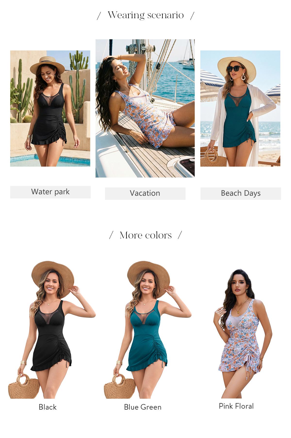 Chicovar Boutiques Women's 2 Piece Swimsuits, Floral & Plain Options, Tummy Control Mesh Neck Swim Dress with Drawstring, High Waisted Bikini Bottoms, Perfect for Beach, Pool & Vacation