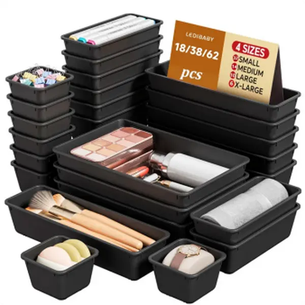 62-Piece Black Storage Container Set Flatware Organizers And Kitchen Drawer Dividers (Black) Organizing Desk Drawers Set Of 62pcs Clear Storage Trays