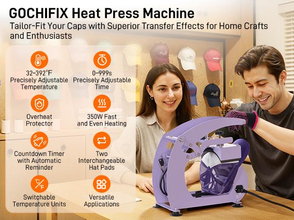 Heat Press, Precise Temp/Timer Control, 6.54"x3.84"Curved Heat Plate, 2 Hat Pad, Hat Stretcher, Safety Base, Glove, Hat Press Heat Machine for Caps, Sublimation, Vinyl, Heat Transfer