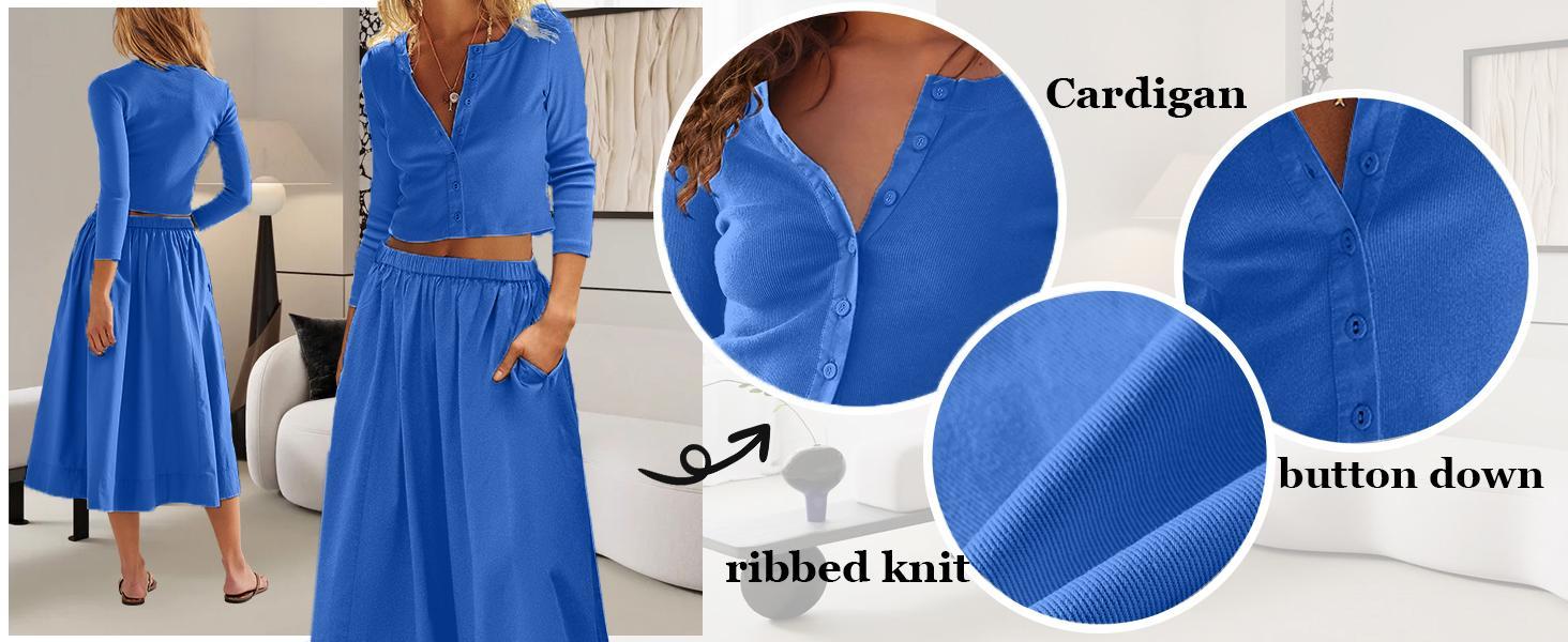 Showyg Women's Casual Ribbed Texture 2 Piece Sets - Round Neck 3/4 Sleeve Button Down Cardigan and Fitted Skirt Outfit, Women's Matching Sets, Clothes