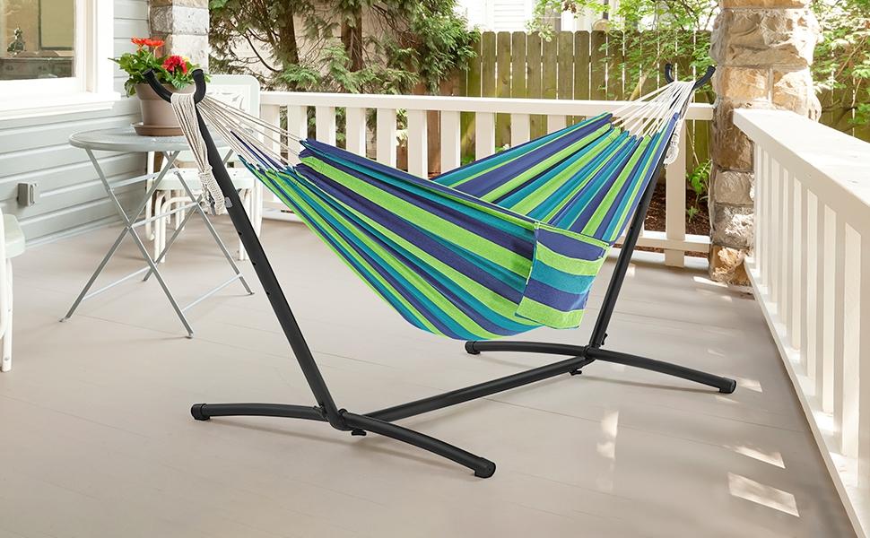 【On Sale】 Yaheetech Double Hammock w/Stand, 2-People Hammock & Stand Set w/Storage Bag & Carrying Bag, Outdoor/Indoor Heavy-Duty Portable Hammock, 450LB Capacity