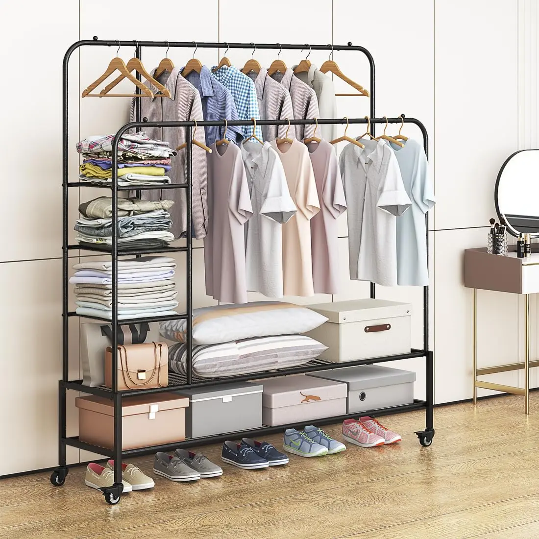 SUOERNUO Sturdy Floor Standing Clothing Rack, Multifunctional Heavy-Duty Portable Garment Rack with 2 Top Edge Guards, Corrosion-Resistant Rustproof Metal Bottom Shelf, Organizer Storage for Coats, Shirts, Laundry Room (Ideal for Teenagers), Clothing Rack
