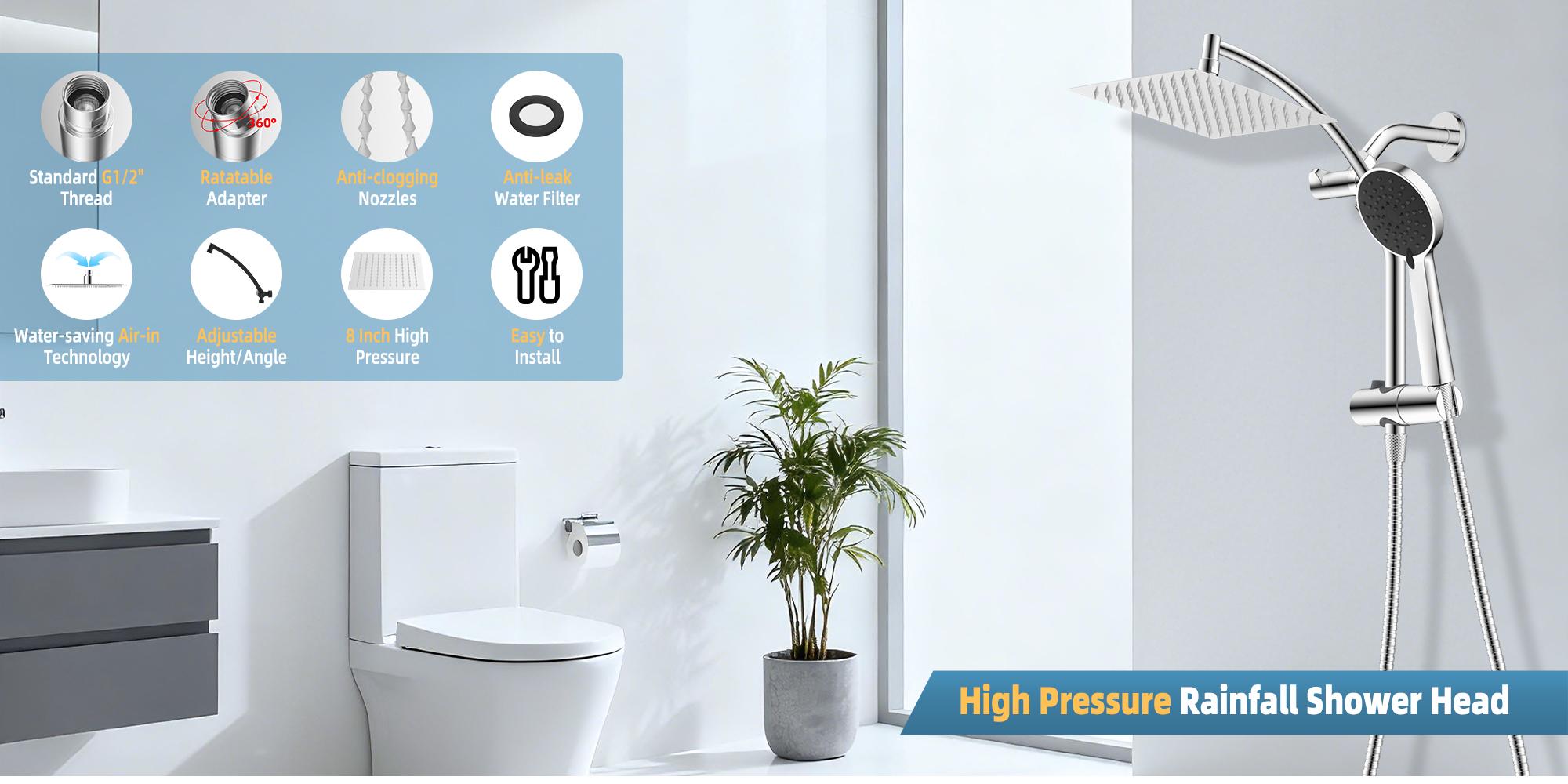 8" Luxurious Metal Rain Shower Head with Handheld, High Pressure Rainfall Shower Heads wih Extension Arm, Wide Dual Showerhead with Spray Combo, Bathroom Accessories, Chrome, Silver