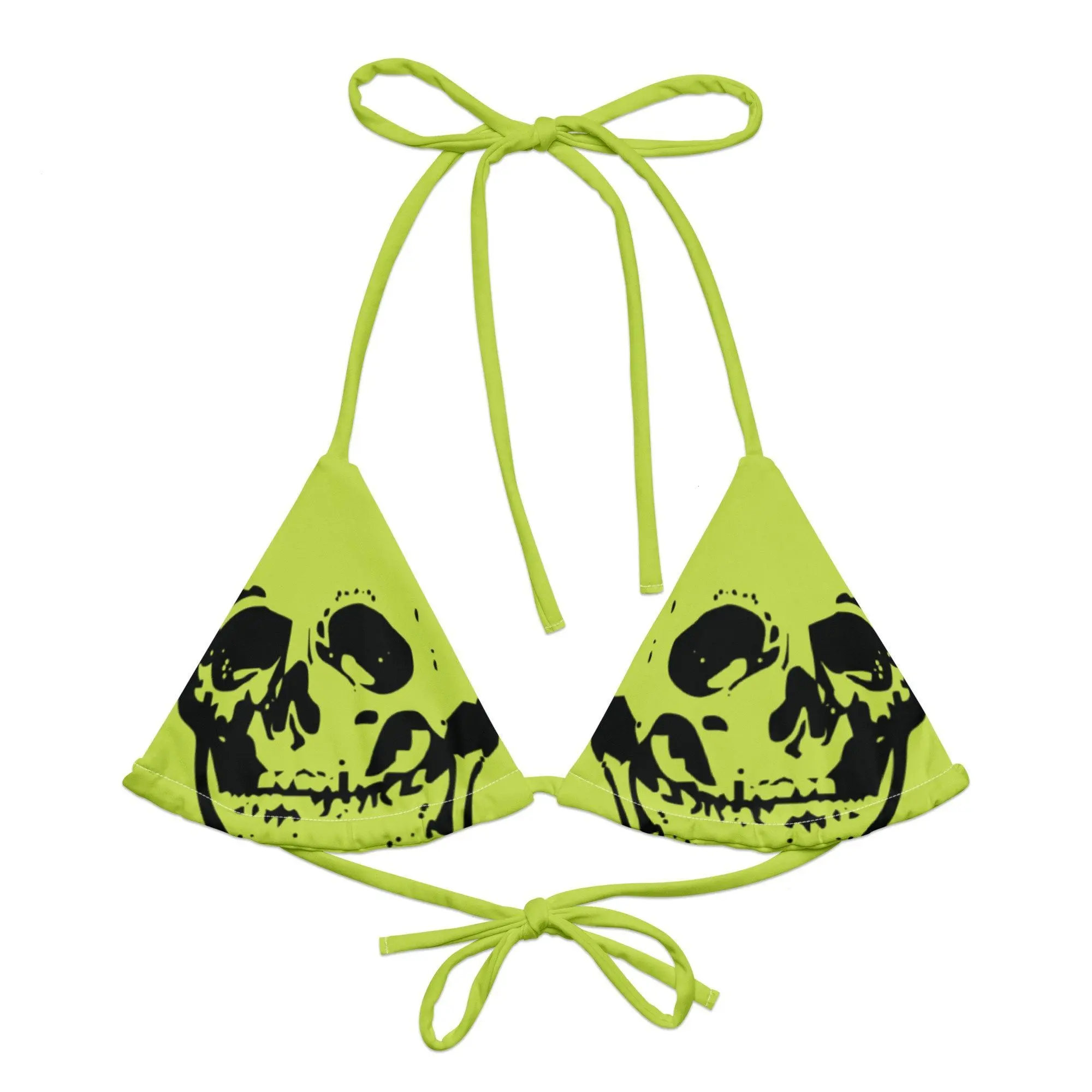 Skull Lime Black String Bikini Top – Gothic Grunge Swimwear w/ Memento Mori Edge for Rave, Beach & Y2K Vibes