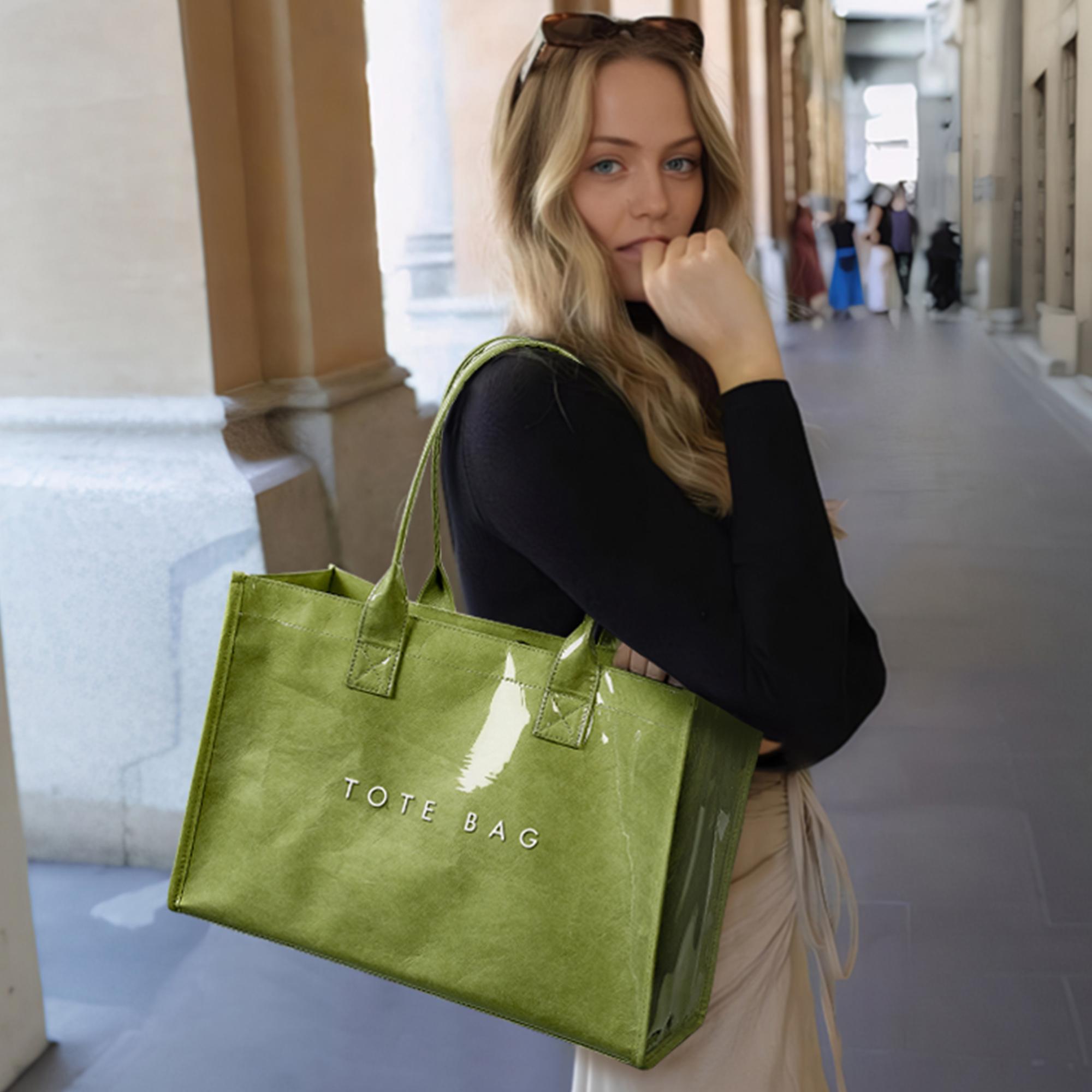 KALIDI PVC Tote Bag for Women, Waterproof Large Capacity Work & Beach Tote, Kraft Paper Shoulder Handbag with Top Handle for Travel & Everyday Use