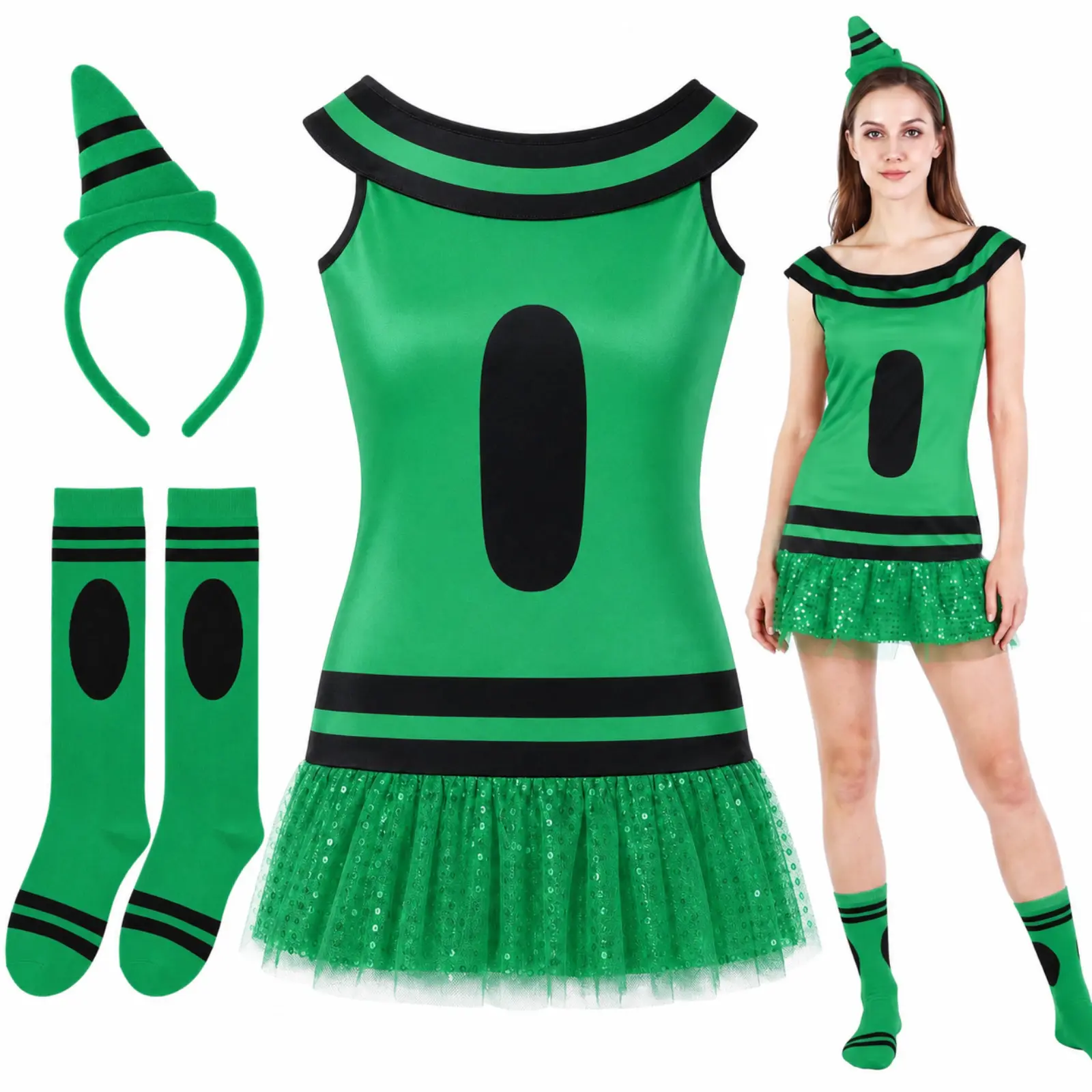Halloween Crayon Costume Group Teacher Book Character Costume Cosplay Funny Halloween Teacher Outfit with Dress Tutu Skirt & Gnome Cone Headband & Socks for Preschool Kindergarten Elementary School Classroom Colorful Art Party Trick-or-treat Teacher Gift