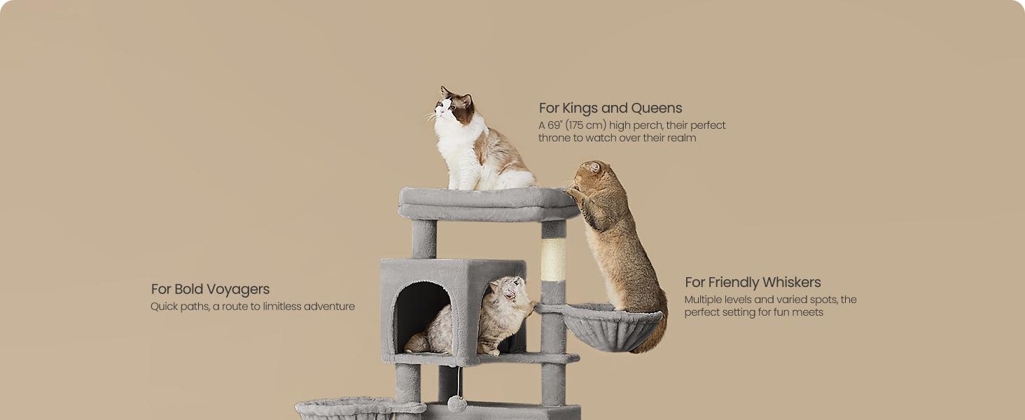 Feandrea Cat Tree, 69-Inch Tall Cat Tower for Indoor Cats, Multi-Level Cat Condo with 2 Caves, 2 Baskets, 5 Scratching Posts, Self-Groomer, Perch, Hammock
