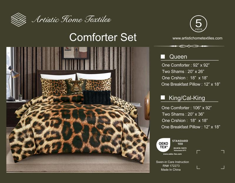 Designer 3D Leopard Bedding Set – Luxury Reversible Embroidered Comforter, 5 Pieces, King & Queen Sizes, Microfiber, Accent Pillows, Soft & Comfortable