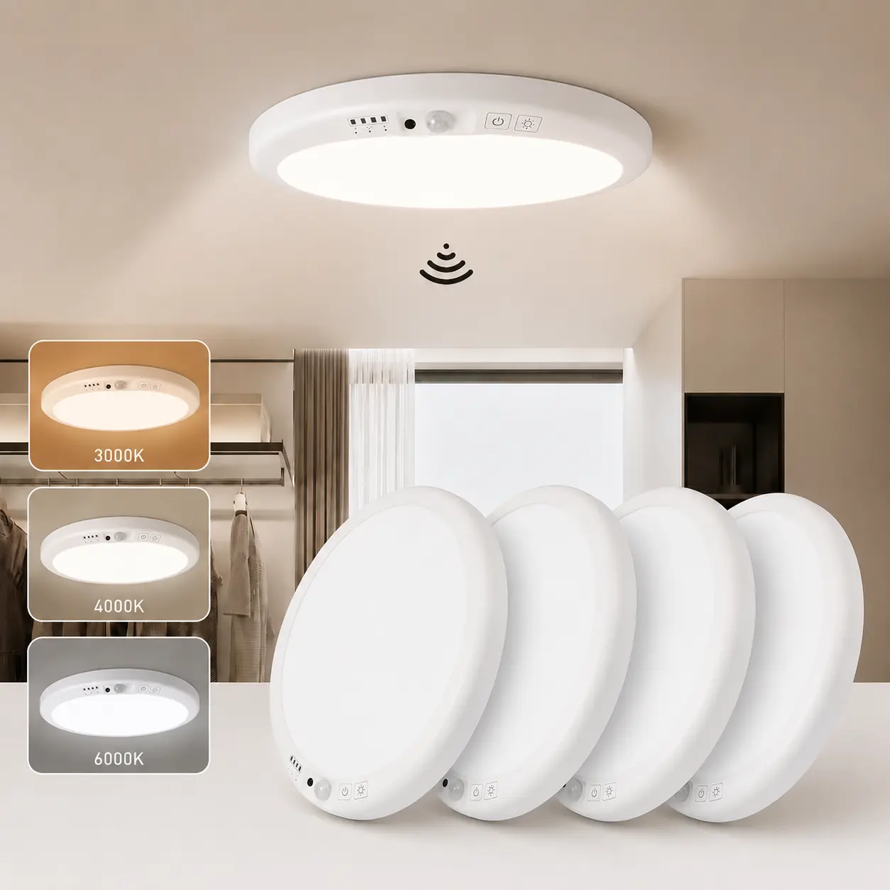 4-Pack Rechargeable Motion Sensor Ceiling Light with Remote | 3 Color Modes, Magnetic Wireless LED Lights for Closet, Shower, Hallway & More