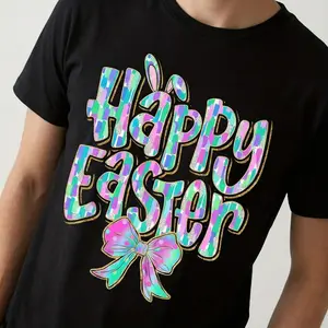 Joyful Easter Bunny and Bow Graphic Tee with Vibrant Colors Unisex Casual Cotton Short Sleeve T Shirt Perfect for Any Season and Easy to Match with Jeans Shorts or Skirts