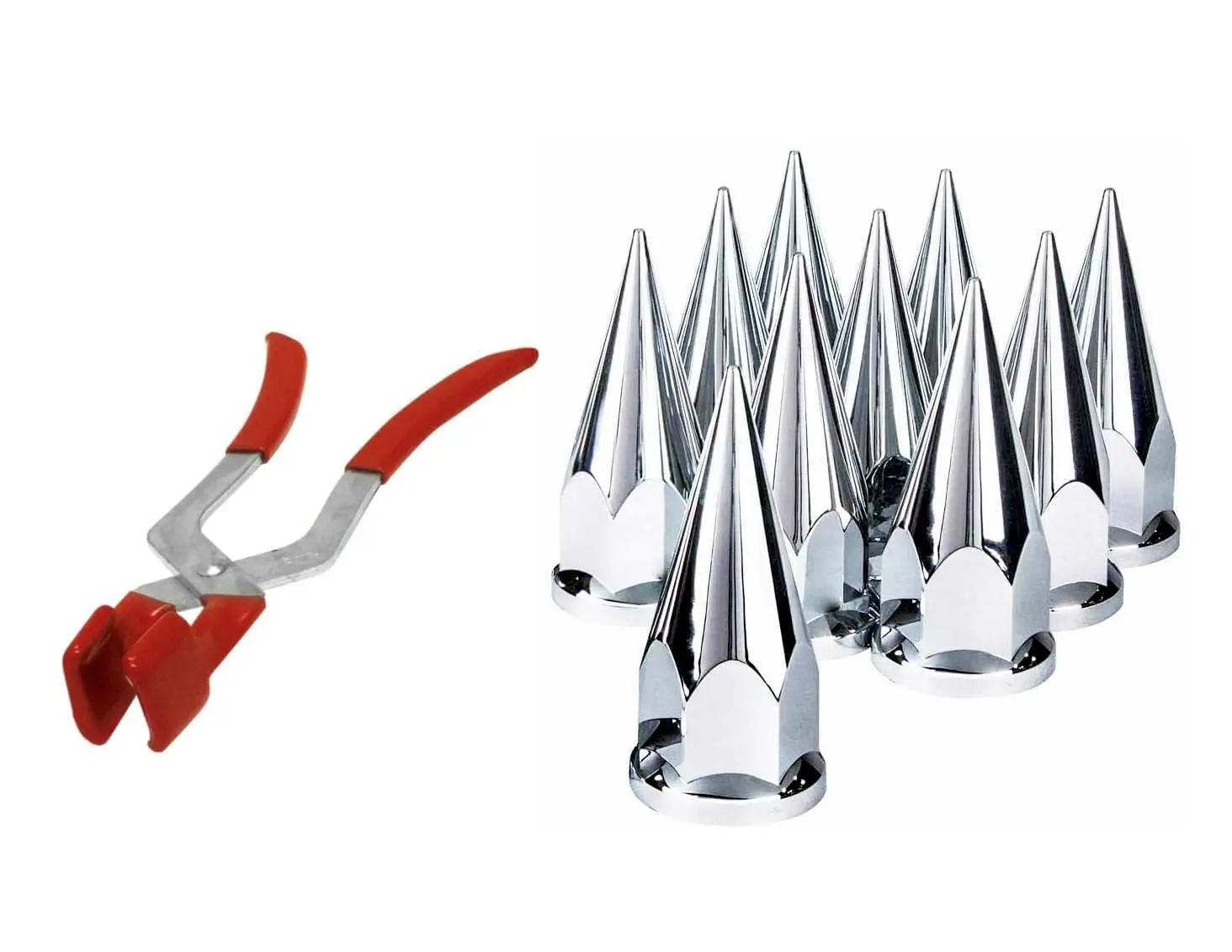 TORQUE 10 Pcs 33mm Chrome Spike Screw-On Lug Nut Covers w/Puller Tool Socket - Universal Fit for Semi Trucks (Volvo, International) (TR10570, TR616)