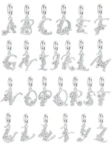 Initial Dangle Charm Set, 925 Sterling Silver, Sparkling Inlaid Stone, 26 Alphabet Options, Elegant Bracelet Design, Personalized Jewelry