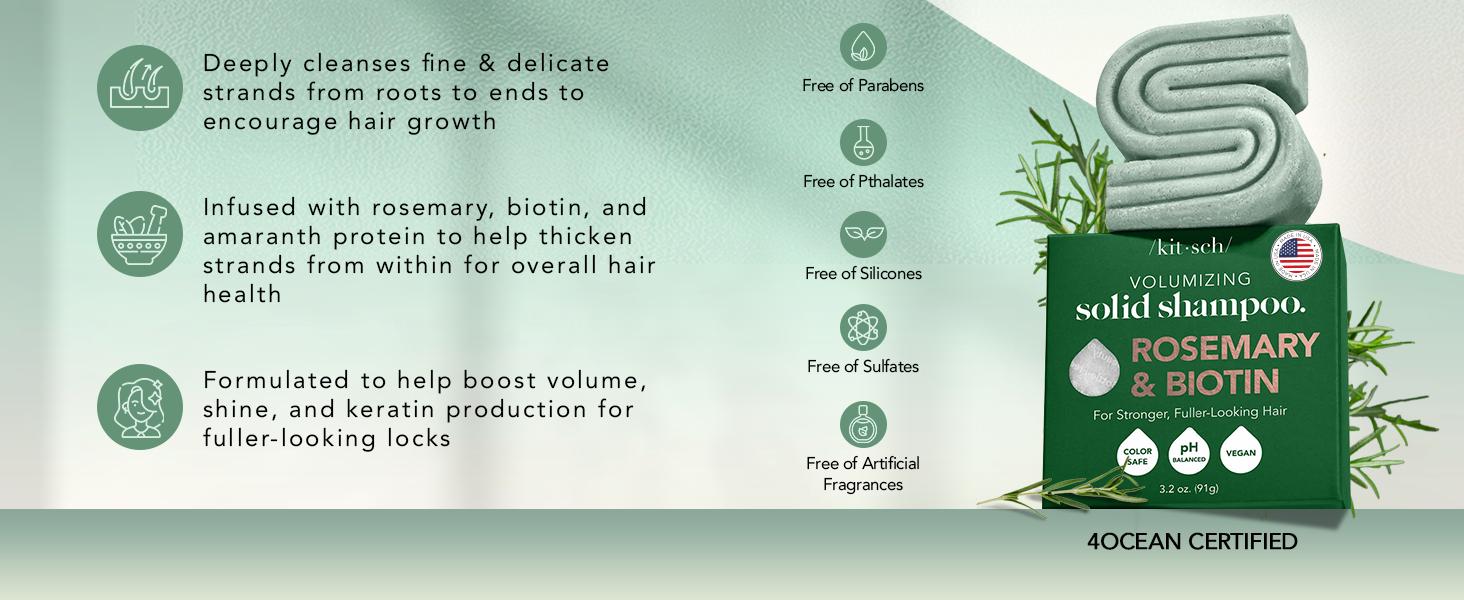 Kitsch Rosemary & Biotin Volumizing Natural Shampoo Bar, Strengthening & Thickening Bar Shampoo for All Hair Types, Made in USA, Vegan, Paraben Sulfate & Cruelty Free Soap