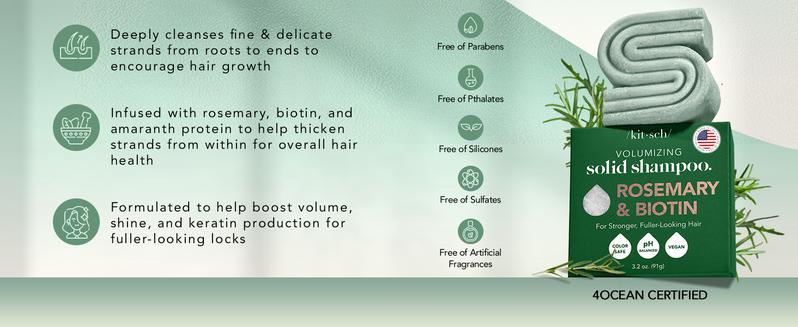 Kitsch Rosemary & Biotin Volumizing Natural Shampoo Bar, Strengthening & Thickening Bar Shampoo for All Hair Types, Made in USA, Vegan, Paraben Sulfate & Cruelty Free Soap