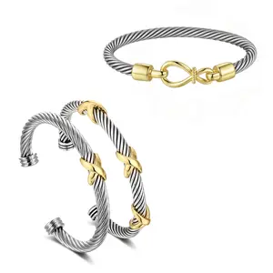 Aprilery Sophistication Twisted Cable Cuff Bracelet – Vintage Two-Tone Bangle with Hook for Women