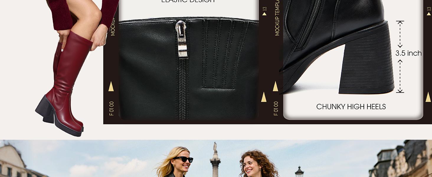 【New Colors】Knee High Boots for Women, Square Toe Chunky Block Heeled Platform Tall Leather Wide Calf Cogo Boots with Side Zipper Footwear Gir Walking Shoes Girl Comfort Fallfashion Brown Flatform