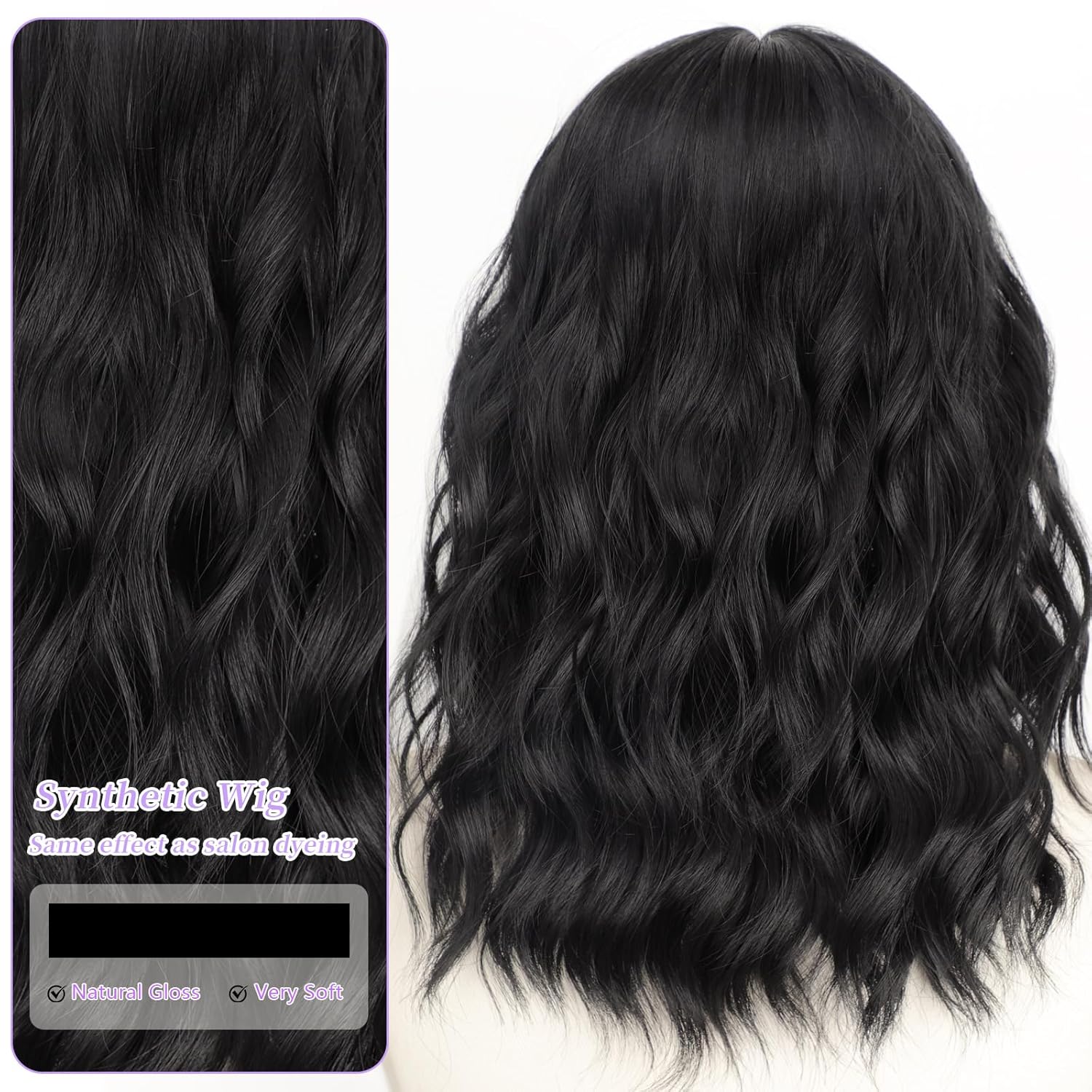 [AISI HAIR] 14 Inch Natural Black Wigs for Women - Shoulder Length Wave Wig with Pre-Cut Lace Hairline, Middle Part Natural Wavy Bob Synthetic Heat Resistant Fiber for Daily and Party