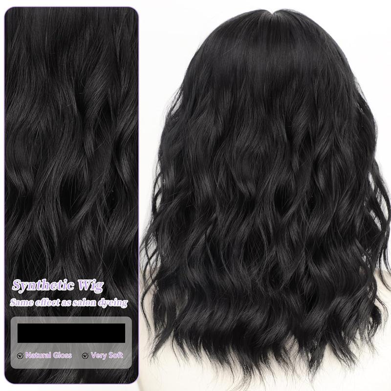 [AISI HAIR] 14 Inch Natural Black Wigs for Women - Shoulder Length Wave Wig with Pre-Cut Lace Hairline, Middle Part Natural Wavy Bob Synthetic Heat Resistant Fiber for Daily and Party