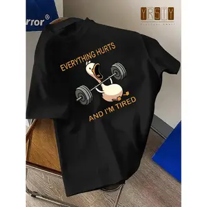 Men's Casual Duck Lifting Weights Graphic Tee - Lightweight ,  Round Neck Short Sleeve T-Shirt with "EVERYTHING HURTS AND I'M TIRED" Print,  Ideal for Outdoor Activities