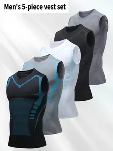 Men's 5-piece Sports Vest Set High Elasticity Slim Fit Breathable Quick-Drying Sweat-Wicking Striped Street Style for Fitness Running Cycling Soccer Basketball - Tops, Menswear non-sensitive good baggy  clothes