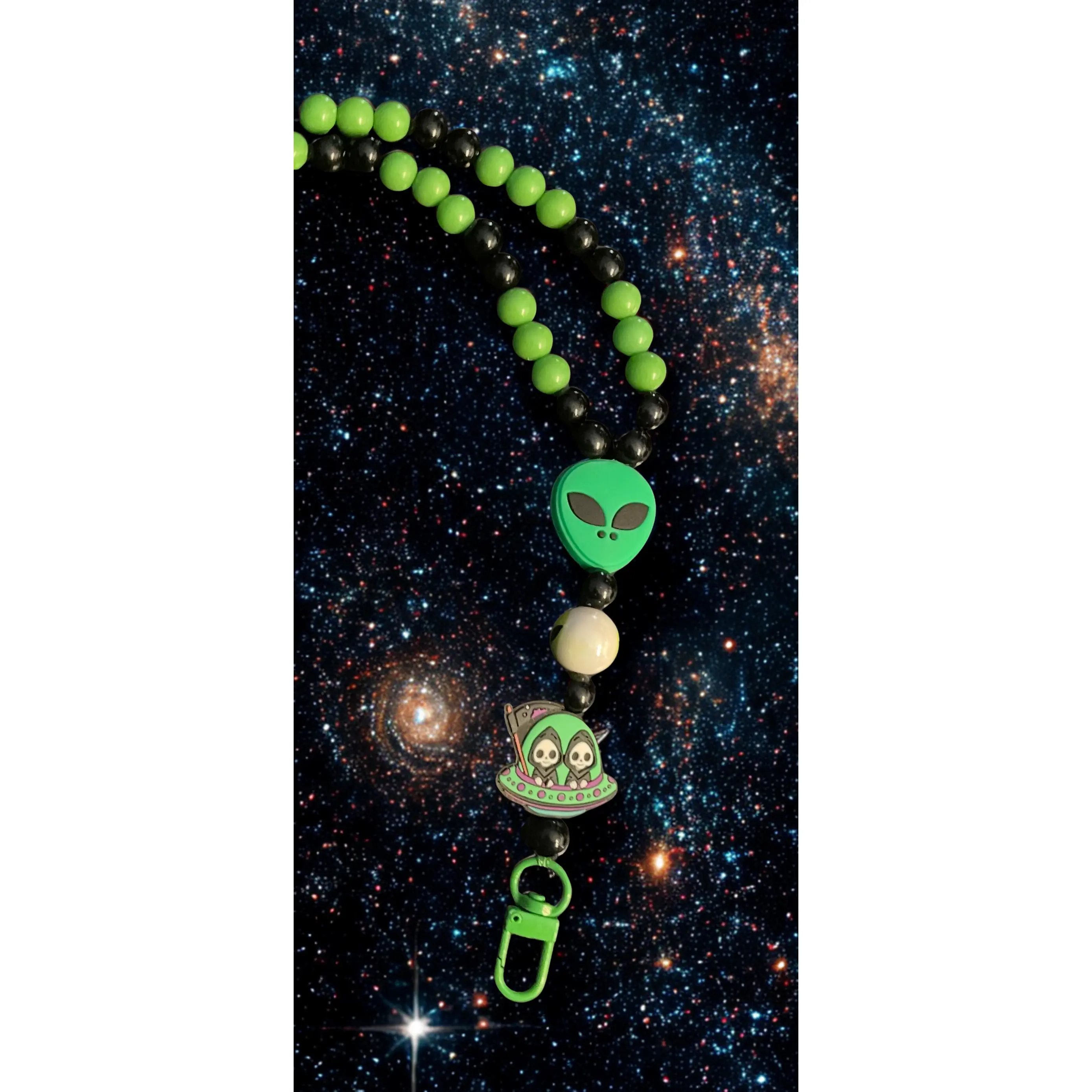 Alien & Astronaut Handmade Beaded Lanyard - Colorful Space Theme Bead Lanyard, Over the Neck ID Holder